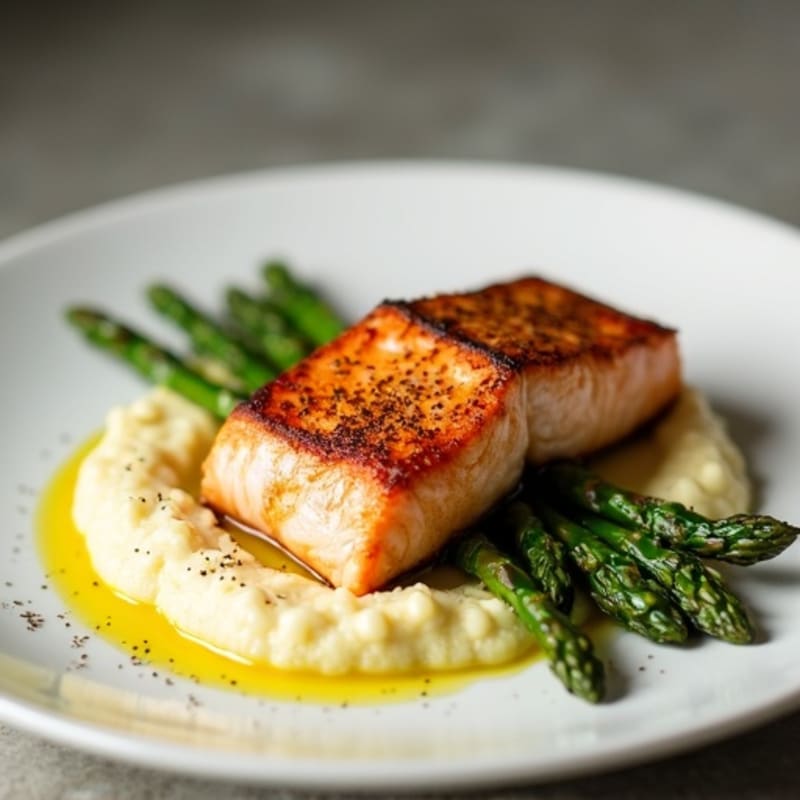Seared Salmon with Steamed Asparagus and Cauliflower Mash