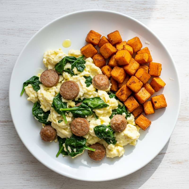 Egg White and Turkey Sausage Scramble with Spinach and Roasted Sweet Potatoes