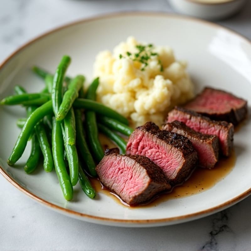 Seared Lean Beef Strips with Steamed Green Beans and Mashed Cauliflower