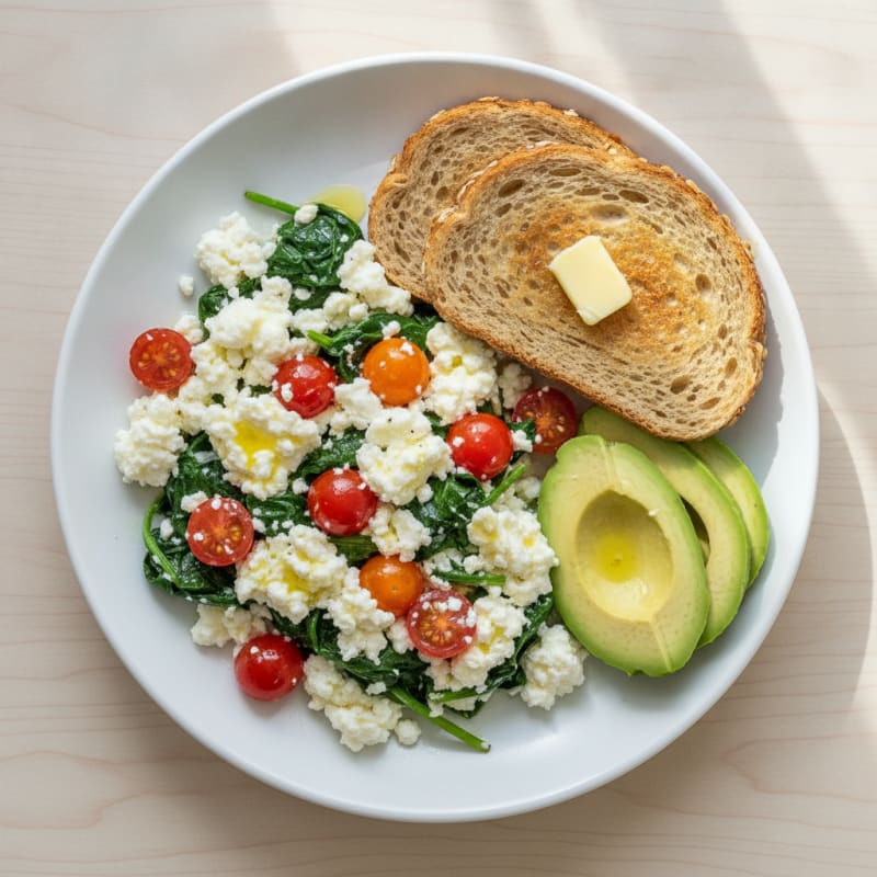 Egg White and Cottage Cheese Scramble with Spinach and Cherry Tomatoes