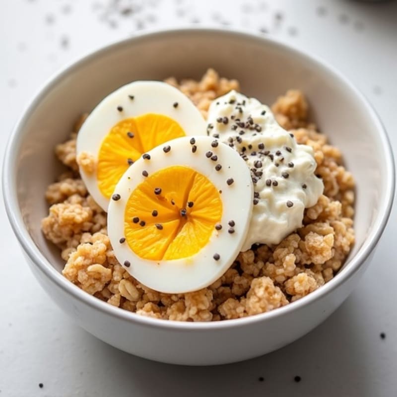 Cottage Cheese Oatmeal Bowl with Chia Seeds and Sliced Egg