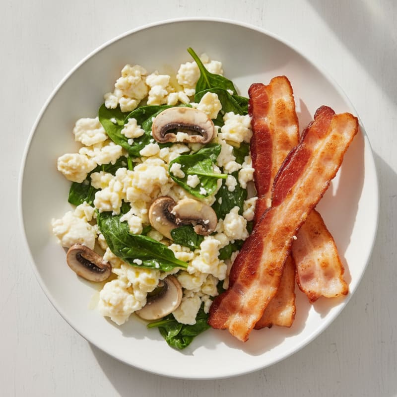 Egg White Spinach Scramble with Grilled Turkey Bacon
