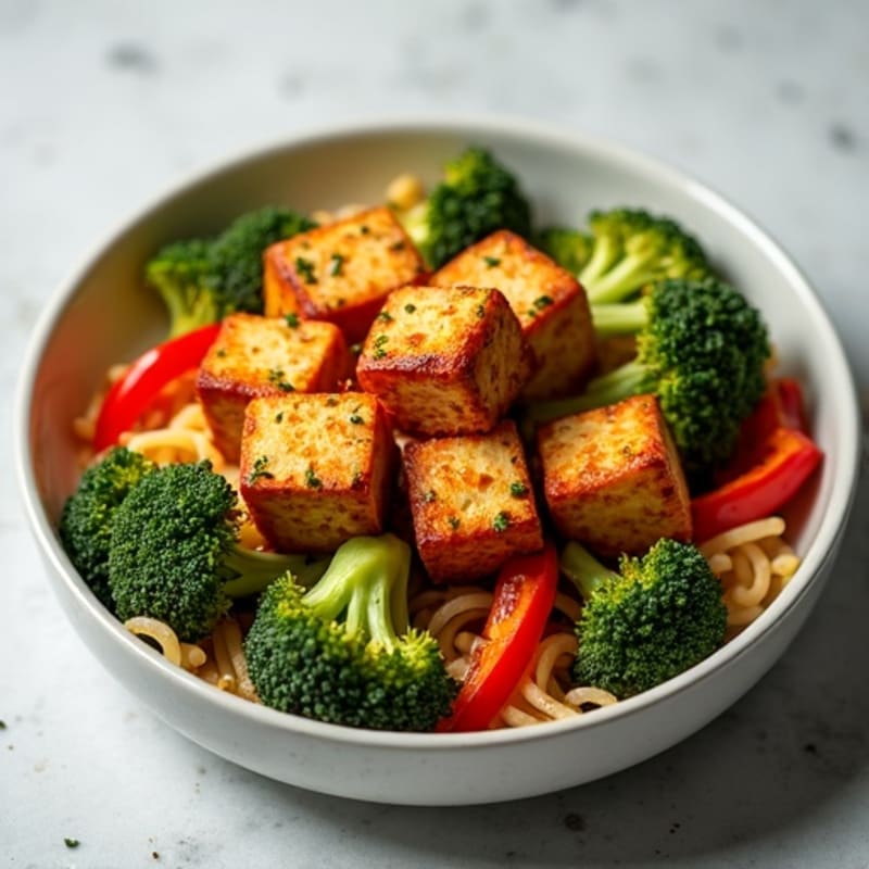 Crispy Garlic-Ginger Tofu with Roasted Broccoli and Bell Peppers