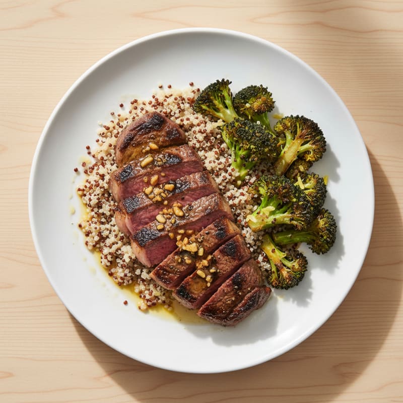 Grilled Beef Steak with Quinoa and Roasted Broccoli