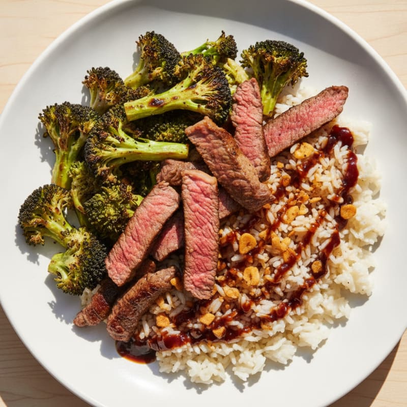 Seared Beef Strips with Roasted Broccoli and Garlic Rice