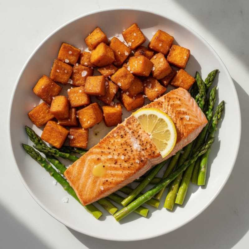 Seared Salmon with Roasted Sweet Potato and Asparagus