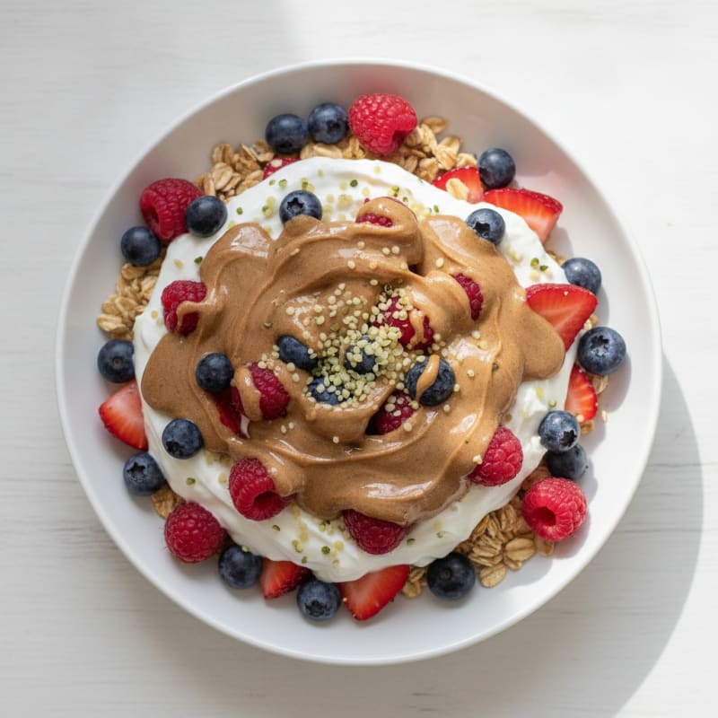 Greek Yogurt Protein Parfait with Mixed Berries and Almond Butter