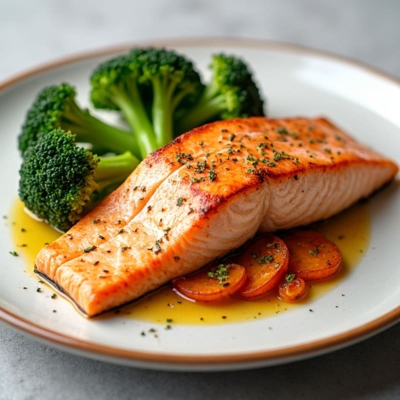 Seared Salmon with Steamed Broccoli and Roasted Sweet Potato
