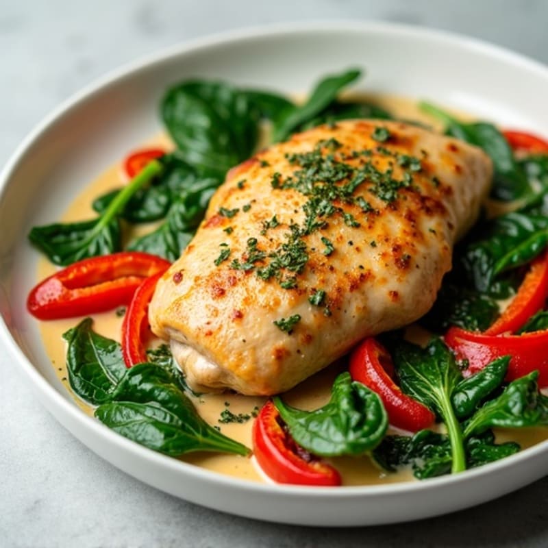 Creamy Garlic Chicken with Wilted Spinach and Roasted Red Peppers