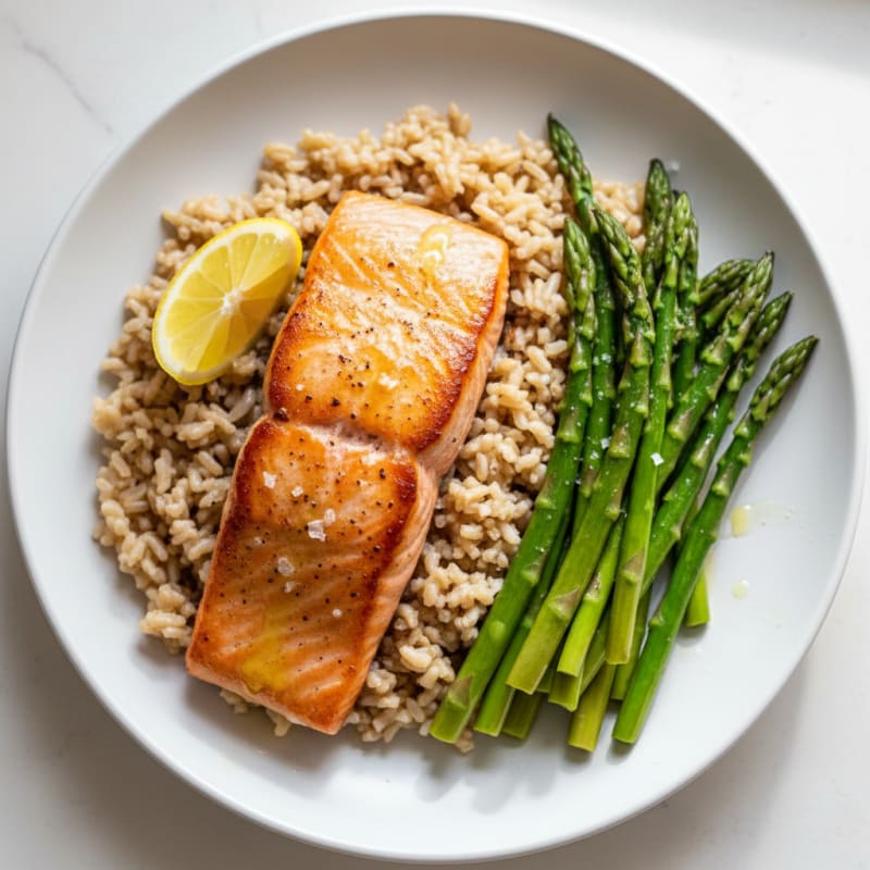 Seared Salmon with Steamed Asparagus and Brown Rice