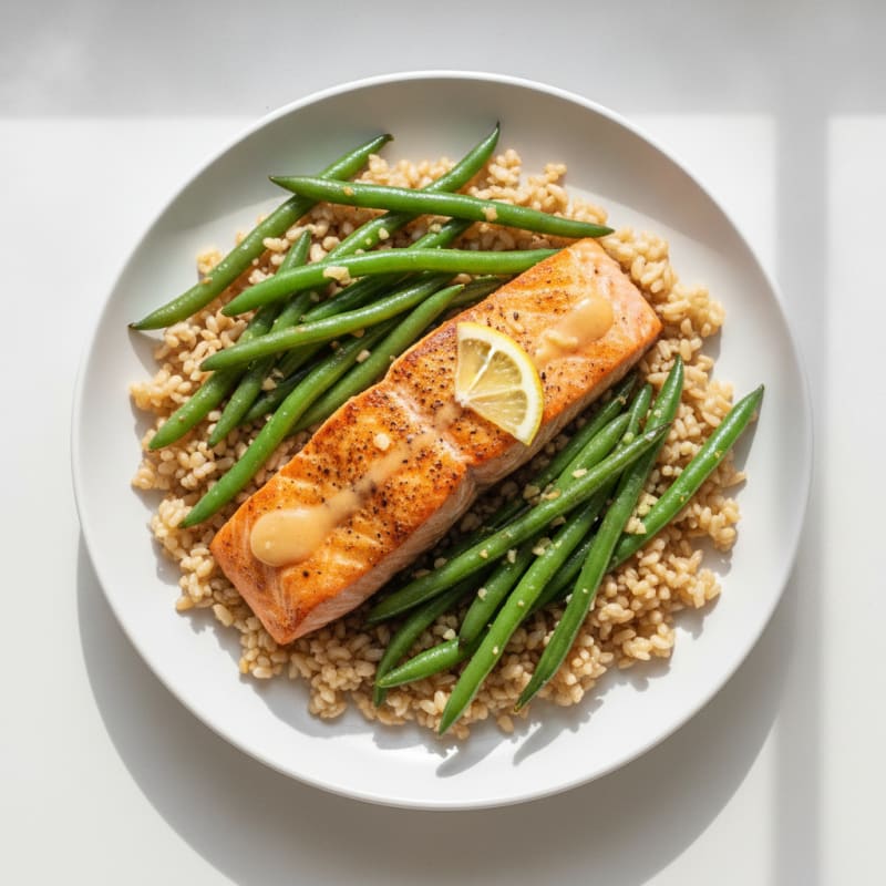 Seared Salmon with Garlic Green Beans and Brown Rice