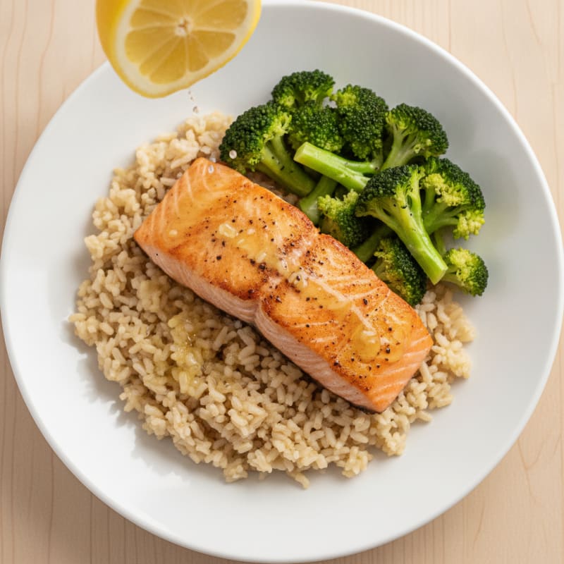 Seared Salmon with Steamed Broccoli and Brown Rice