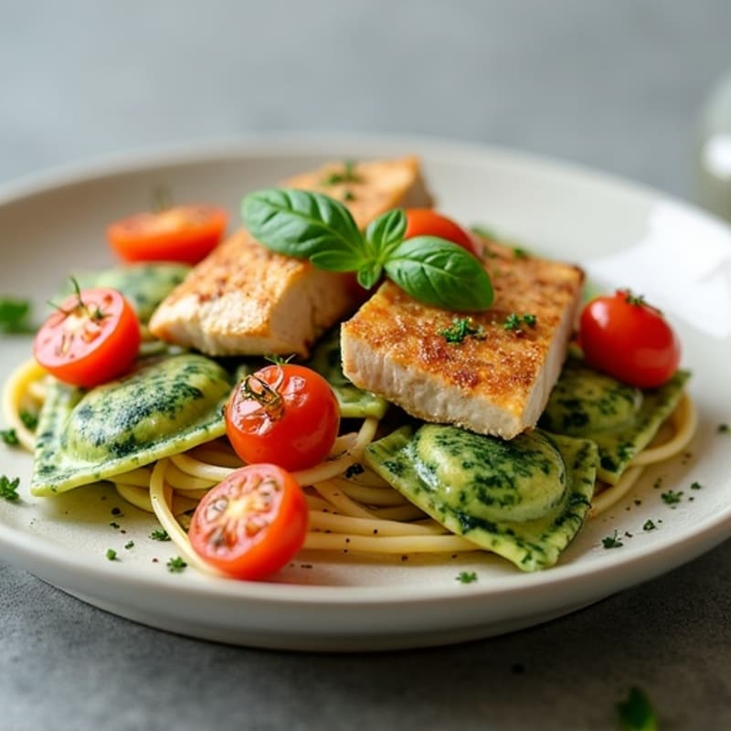 Spinach Ravioli with Pan-Seared Chicken, Blistered Tomatoes, and Fresh Basil