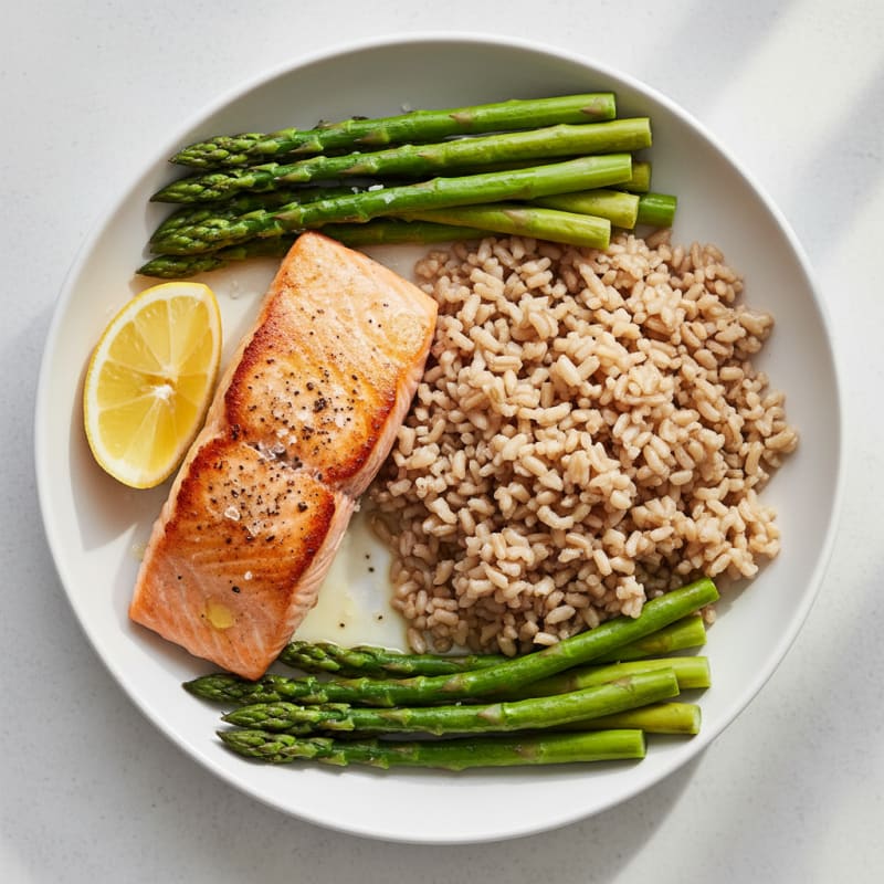 Seared Salmon with Steamed Asparagus and Brown Rice