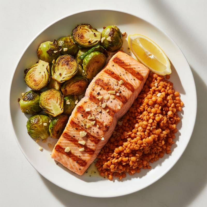 Grilled Salmon Fillet with Garlic Roasted Brussels Sprouts and Red Lentils