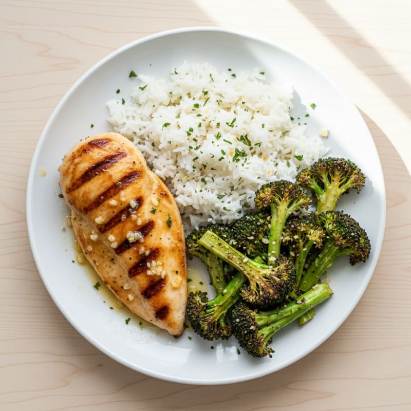 Grilled Chicken Breast with Steamed Rice and Roasted Broccoli