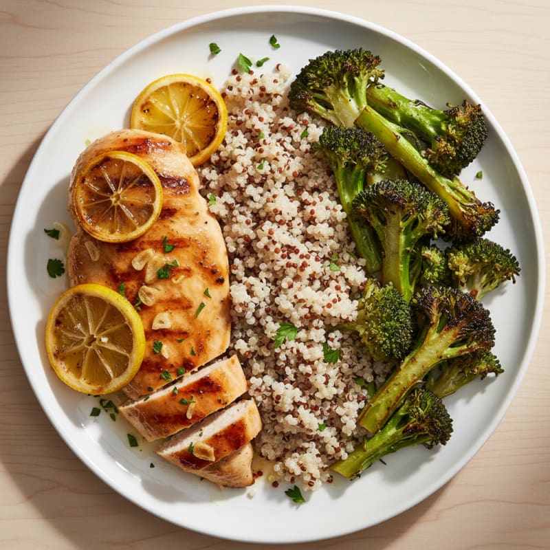 Grilled Lemon-Garlic Chicken Breast with Quinoa and Roasted Broccoli