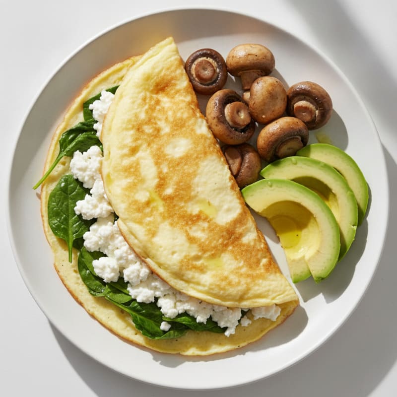 Egg White Spinach Omelet with Cottage Cheese and Sautéed Mushrooms