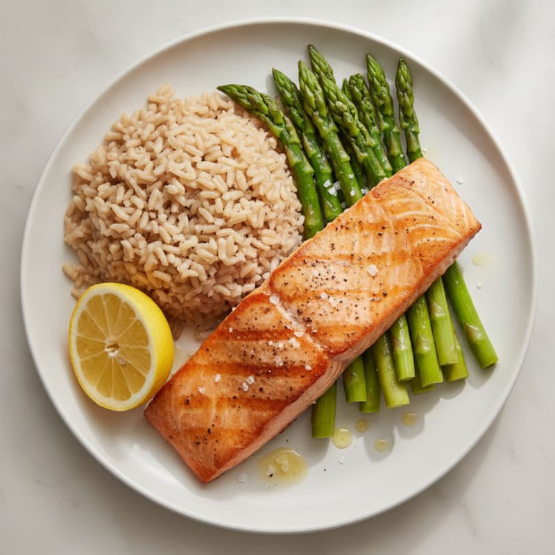 Seared Salmon Fillet with Steamed Asparagus and Brown Rice