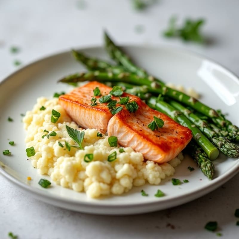 Seared Salmon with Steamed Asparagus and Cauliflower Mash