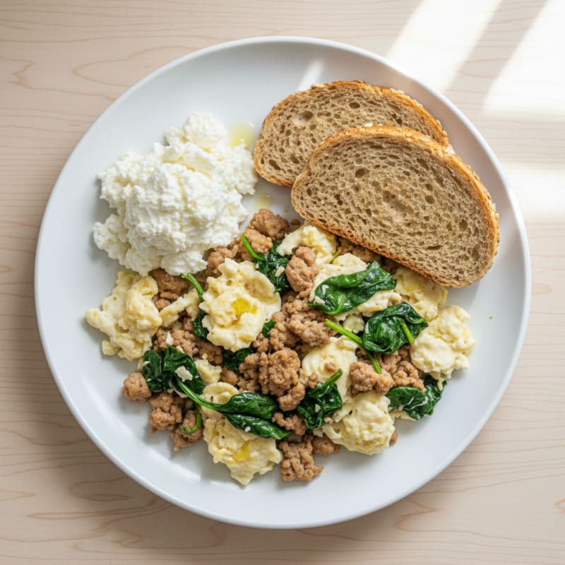 Egg White and Turkey Spinach Scramble with Cottage Cheese