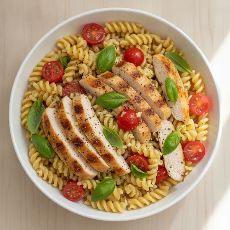Grilled Chicken Pasta Salad with Cherry Tomatoes and Basil
