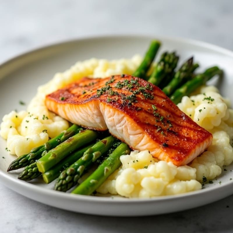 Seared Salmon with Steamed Asparagus and Garlic Cauliflower Mash