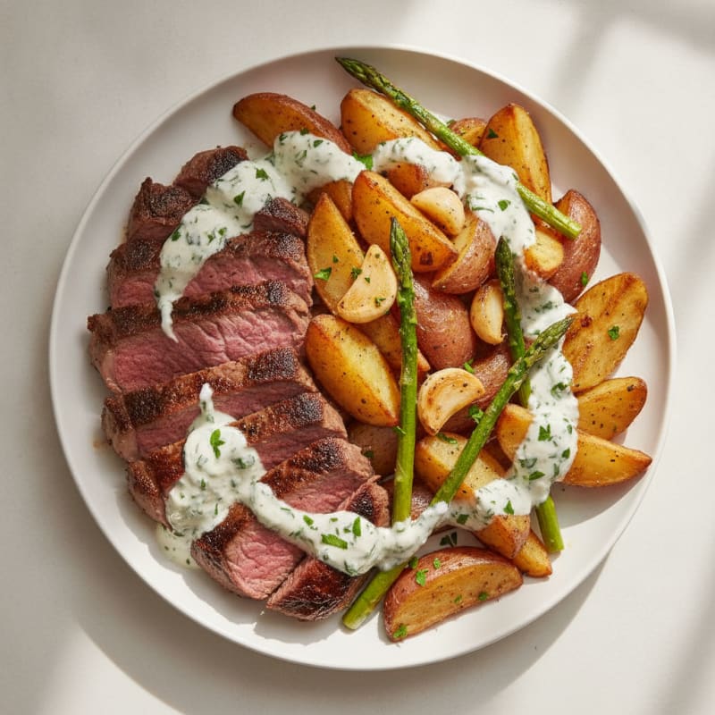 Seared Steak with Roasted Garlic Potatoes and Herb Yogurt Sauce