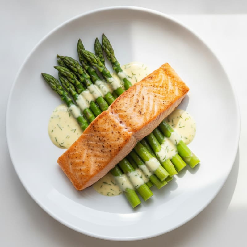 Seared Salmon with Steamed Asparagus and Lemon-Dill Yogurt Sauce