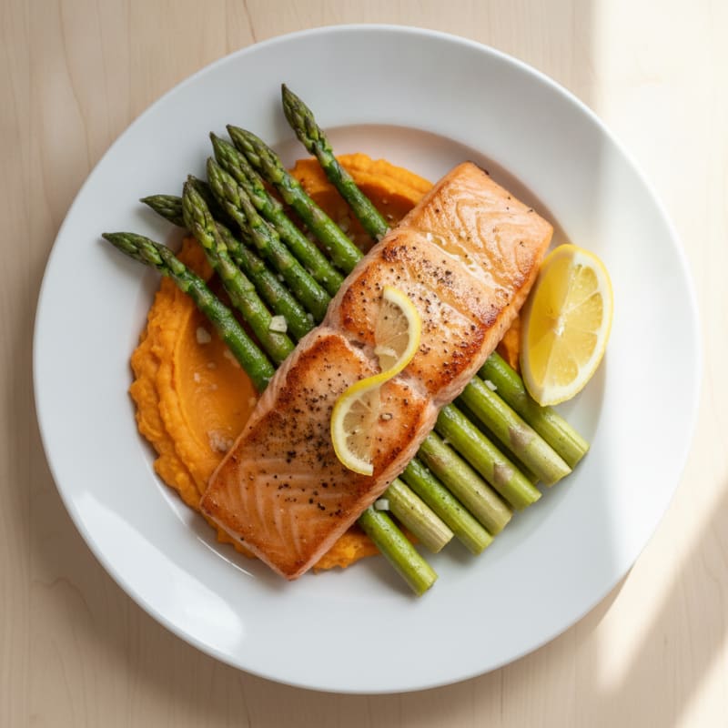 Seared Salmon Fillet with Roasted Asparagus and Sweet Potato Mash