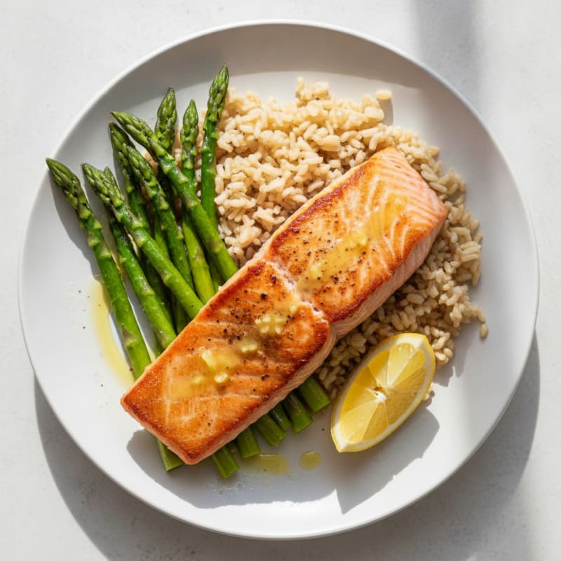 Seared Salmon with Steamed Asparagus and Brown Rice