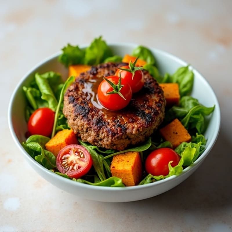 Lean Beef Burger Bowl with Roasted Sweet Potato and Mixed Greens