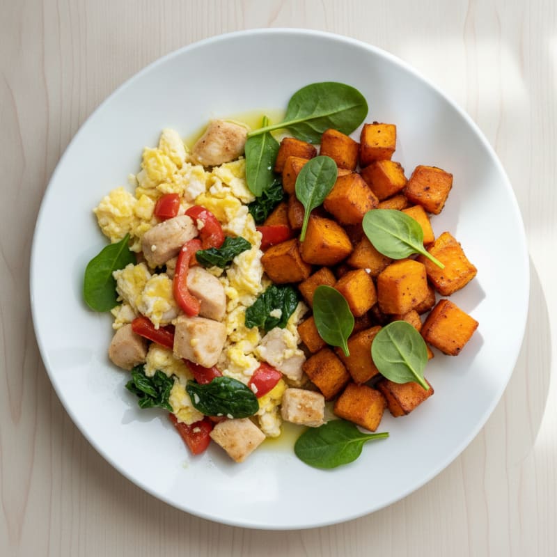 Scrambled Egg Whites with Chicken Breast and Roasted Sweet Potatoes