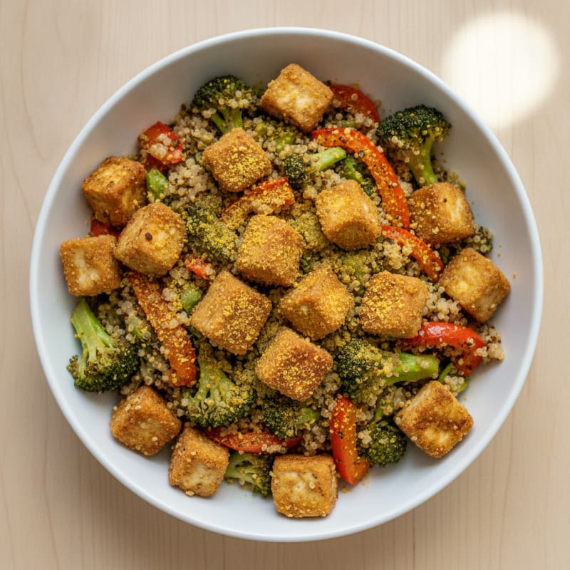 Crispy Tofu and Quinoa Power Bowl with Roasted Vegetables