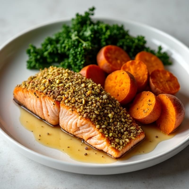 Crispy Pistachio-Crusted Salmon with Roasted Cinnamon Sweet Potatoes and Sautéed Greens