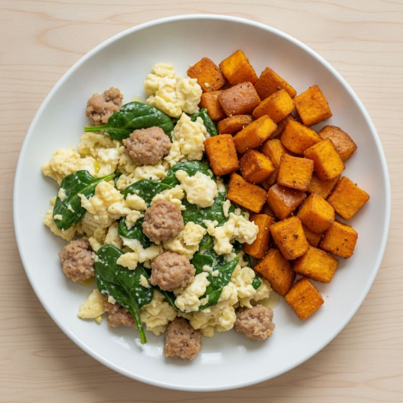 Egg White and Turkey Sausage Scramble with Spinach and Roasted Sweet Potatoes