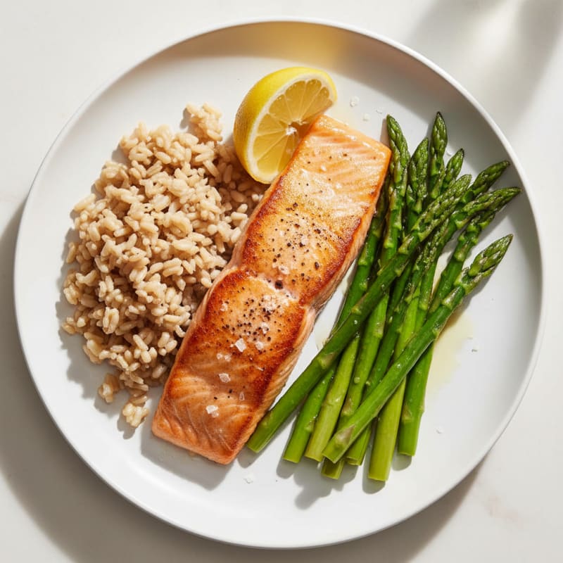 Seared Salmon Fillet with Steamed Asparagus and Brown Rice
