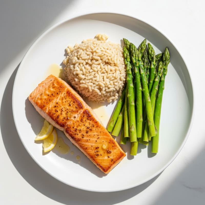 Seared Salmon with Steamed Asparagus and Brown Rice
