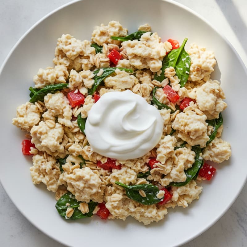 Egg White and Veggie Oatmeal Scramble with Greek Yogurt