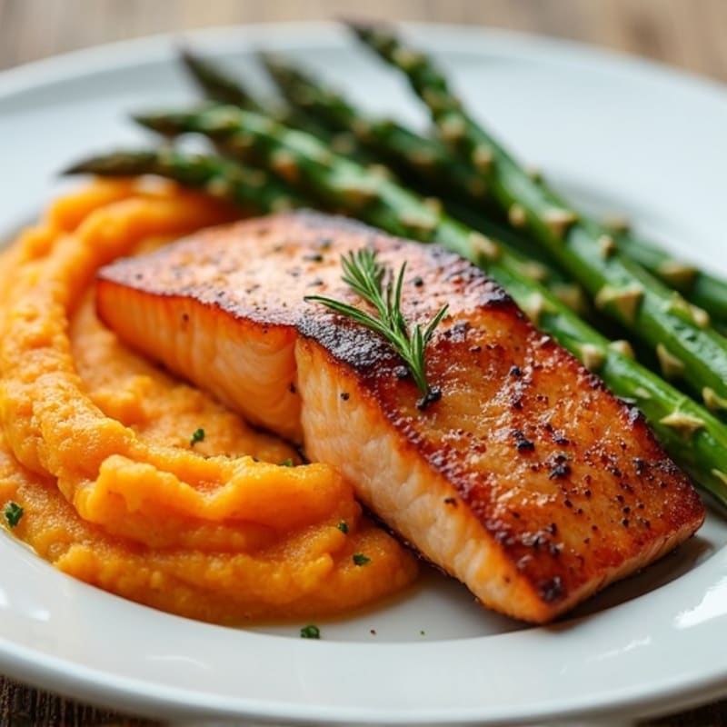 Seared Salmon Fillet with Roasted Asparagus and Sweet Potato Mash