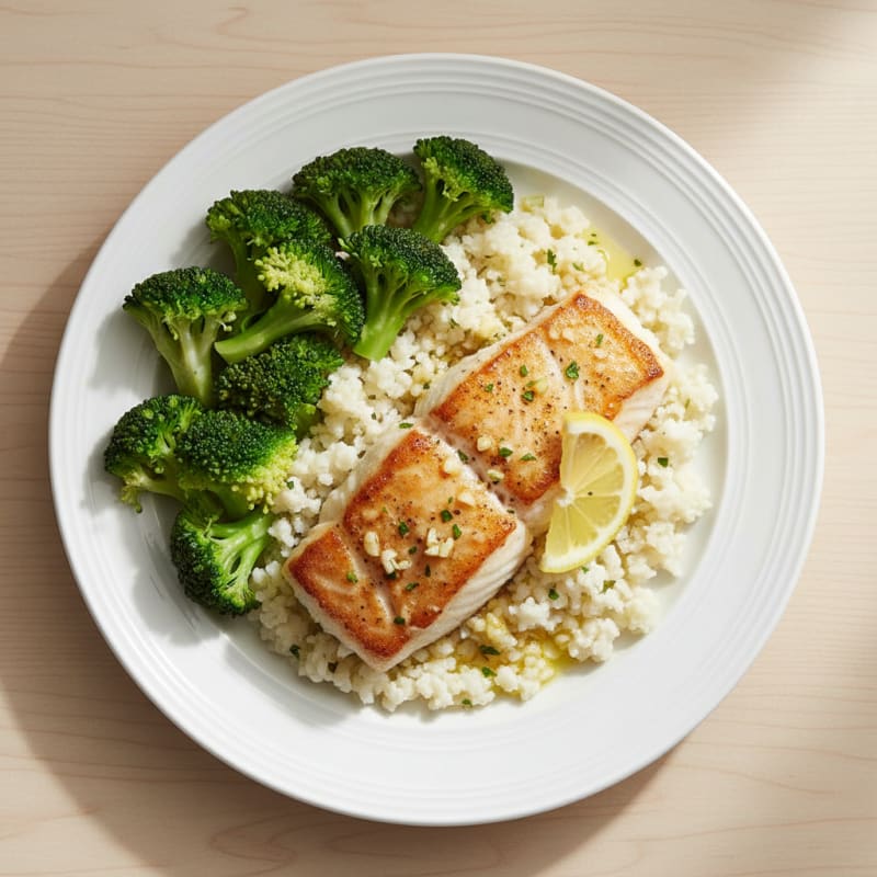Seared Cod with Steamed Broccoli and Cauliflower Rice