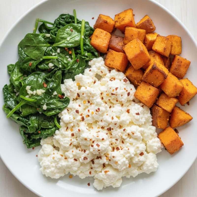 Cottage Cheese Egg White Scramble with Sautéed Spinach and Roasted Sweet Potato