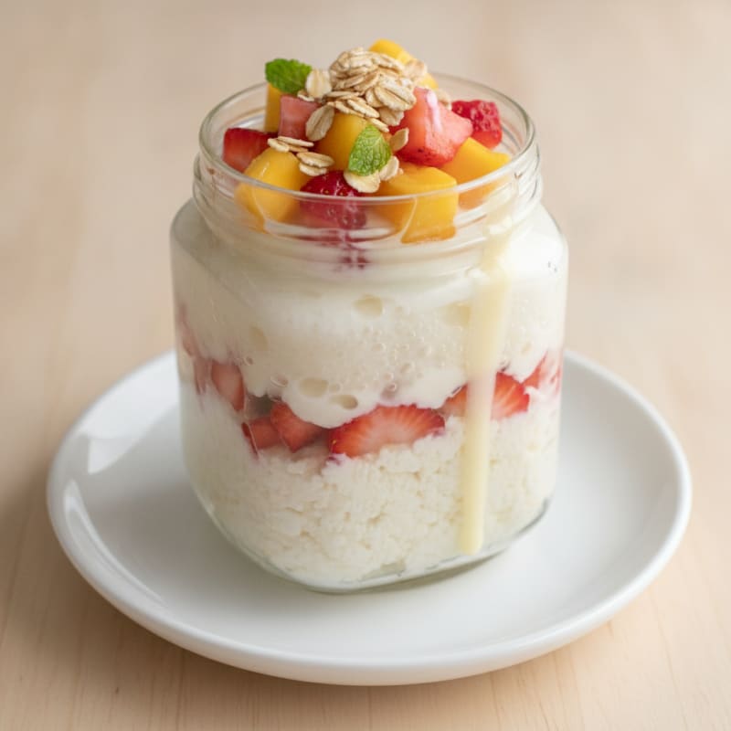 Strawberry Mango Protein Yoghurt Parfait with Skim Milk Jelly
