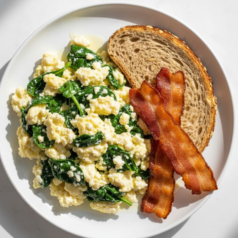 Cottage Cheese Scramble with Spinach and Turkey Bacon