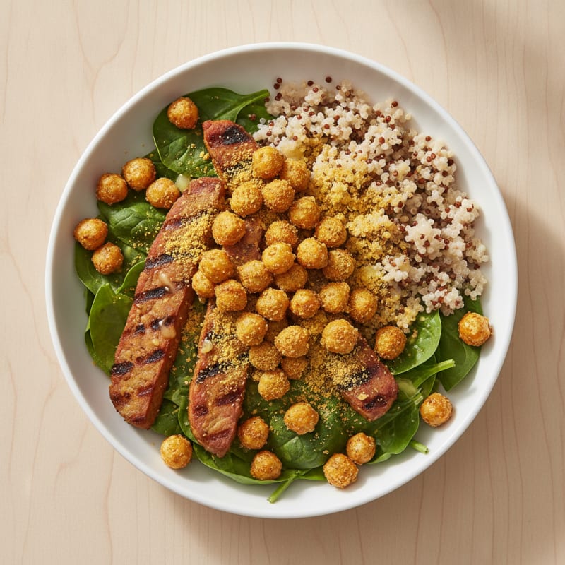 Grilled Tempeh and Quinoa Power Bowl with Roasted Chickpeas