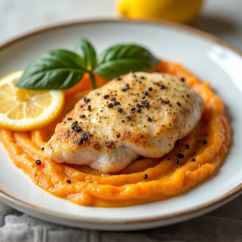Tender Lemon Garlic Chicken with Creamy Sweet Potato Puree