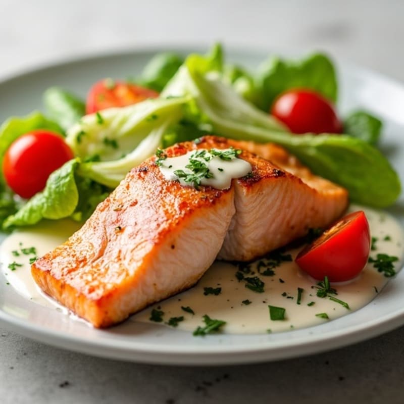 Pan-Seared Salmon with Creamy Garlic Caesar Salad