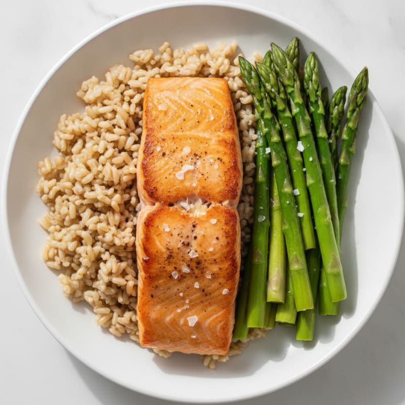 Seared Salmon with Steamed Asparagus and Brown Rice