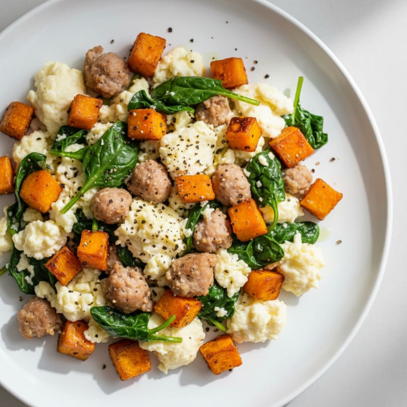 Egg White and Turkey Sausage Scramble with Spinach and Sweet Potato