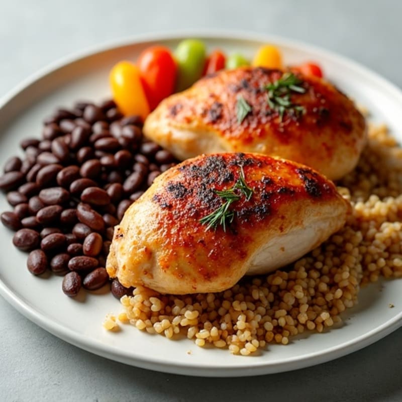 Roasted Chicken Quarters with Black Bean Brown Rice and Crispy Roasted Vegetables
